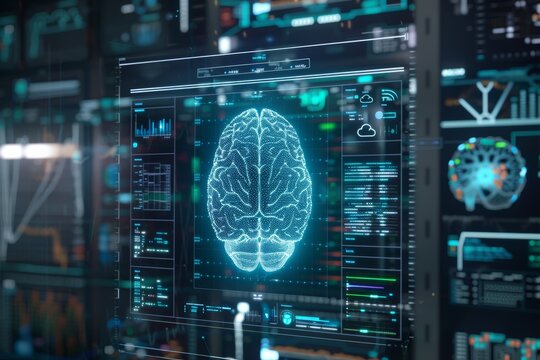 Advancements in brain computer interface  holographic brain scan surrounded by data visualizations