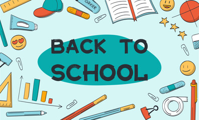 School supplies, Back to school text. Set of items. Rulers, charts and book. Stationery - pen, pencil, eraser. Smileys, tape and tube of paint. Cap and bandages. Paper clips, star. Vector illustration