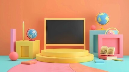 3D Rendering back to school interior study room for children cute icon cartoon style. 3D Render illustration. AI generated illustration