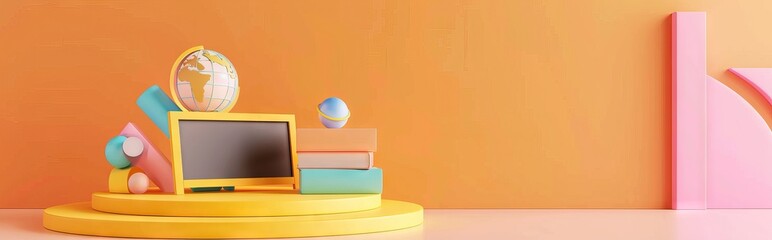 3D Rendering back to school interior study room for children cute icon cartoon style. 3D Render illustration. AI generated illustration