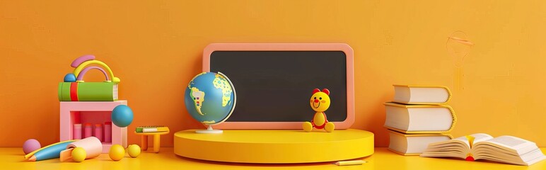 3D Rendering back to school interior study room for children cute icon cartoon style. 3D Render illustration. AI generated illustration