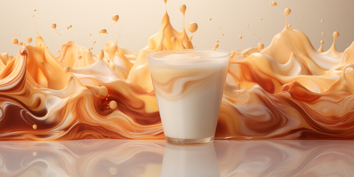 Glass of latte and splashes of coffee and milk