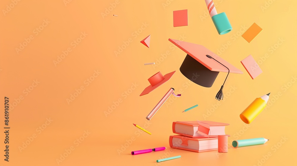 Poster concept of obtaining higher education. stack of books and graduate cap on a blue background. 3d render. illustration. AI generated illustration - Posters