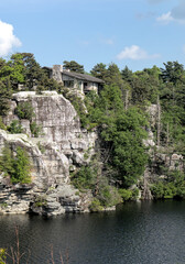 scenic lake view in minnewaska state park with forest trees cliff rock stone nature landscape hike hiking trail hudson valley upstate new york shawangunk mountains new paltz