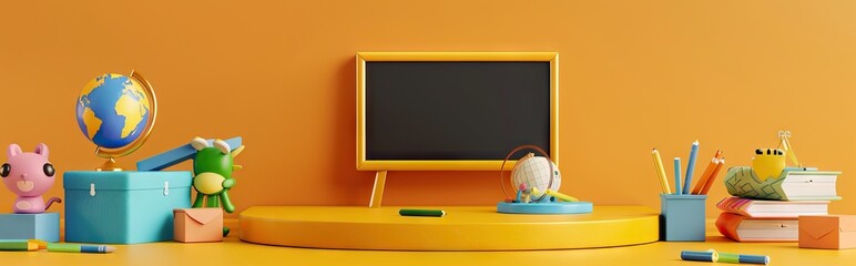 3D Rendering back to school interior study room for children cute icon cartoon style. 3D Render illustration. AI generated illustration