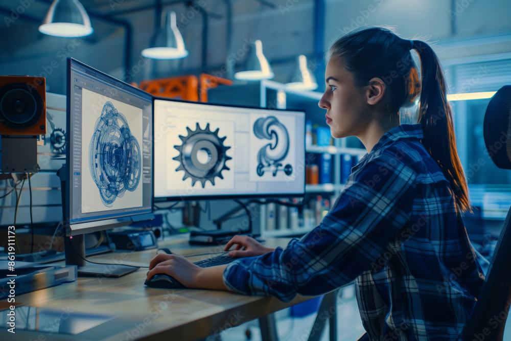 Poster female technologist working on a computer in a modern office
