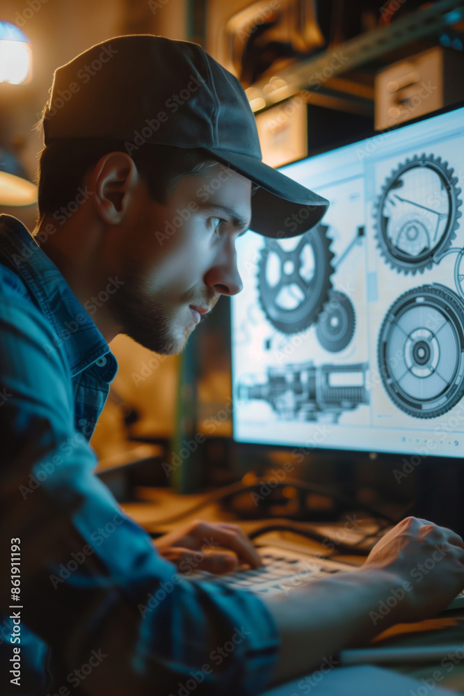 Poster Male Developer Working on Manufacturing Software in a Factory Setting