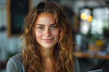 photo of happy businesswoman with touchpad in office