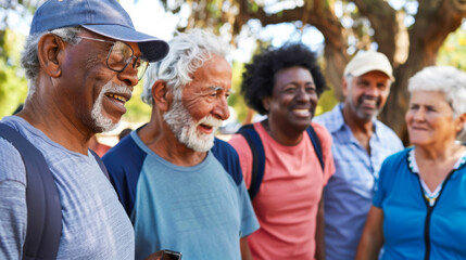 A happy group of people are walking in the park in the spring. Elderly men and women spend time together outdoors. Happy retirement concept.