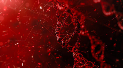 Close-up of cracking and destruction of a DNA stamp under a microscope on a red background. Scientific research. Concept of medicine, research.