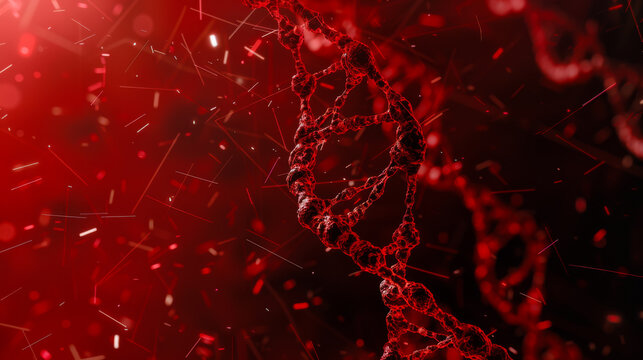 Close-up of cracking and destruction of a DNA stamp under a microscope on a red background. Scientific research. Concept of medicine, research.