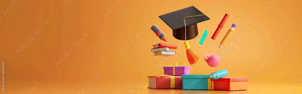 Canvas Prints concept of obtaining higher education. stack of books and graduate cap on a blue background. 3d render. illustration. AI generated illustration - Canvas Prints