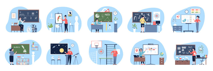 Teachers on lesson stand at blackboards. Lessons in school or college, art class language training and sport. Education studying recent vector scenes
