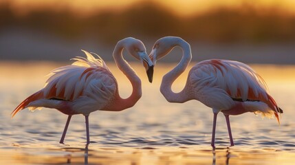 Two elegant flamingos bending their necks to form a heart shape, standing in shallow waters with a soft sunset behind them