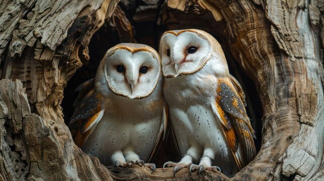 Two barn owls nestled together in the hollow of an old tree, their soft feathers blending into the bark
