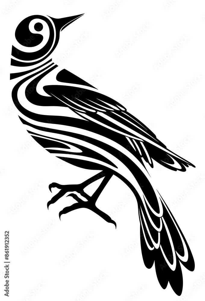 Wall mural Abstract black and white bird. Line clipart with magpie. Monochrome logo with jay bird.