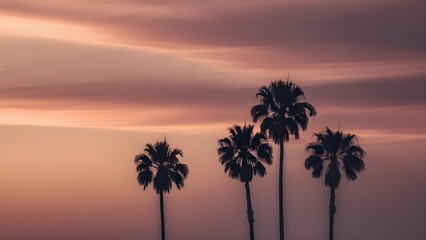 tropical evening scene with palm trees silhouetted against a vibrant and colorful sunset sky, pink sunset