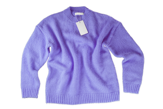 Purple flying crumpled women autumn knitted sweater with blank label tag isolated on white, transparent  background. Creative clothing concept, cozy creasy jersey pullover. Fashion template, mockup