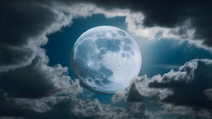 Full moon looming in the off-center sky, casting an eerie light through the dense, stormy clouds that surround it