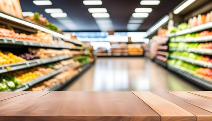 Fototapeta premium empty wood table top with a blurred supermarket setting in the background