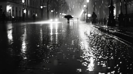 Dark shadows and bright lights contrast on the wet reflective surfaces of the rainsoaked streets. Black and white art