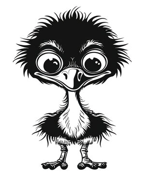 recommend clip art: Black silhouette of a cute, fluffy cartoon emu with big eyes and a quirky expression on transparent background.