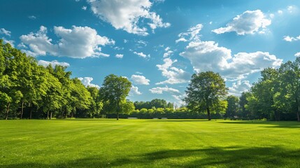 beautiful park with wooded area and a blue sky