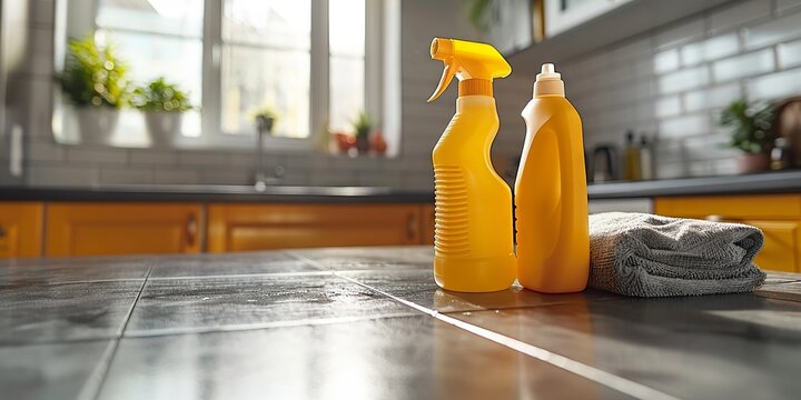 Yellow Cleaning Bottles and Towels in Modern Sunlit Kitchen