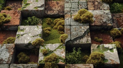 Fototapeta premium Textured cubic pattern featuring granite, sand, moss, and soil.