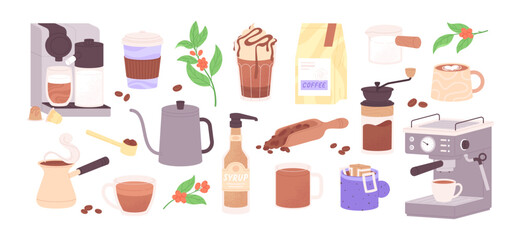 Coffee beans and makers. Mugs, to go cup, pack and topping. Macchiato espresso americano drinks. Morning energy beverages racy vector set