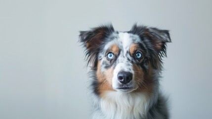 Portrait of a young Australian shepherd dog with blue eyes in a studio setting with a white backdrop