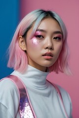 Young pretty Asian woman with glitter make-up wearing sporty fashion, white clothes, model posing isolated on a colorful modern pink and blue background, k-pop style
