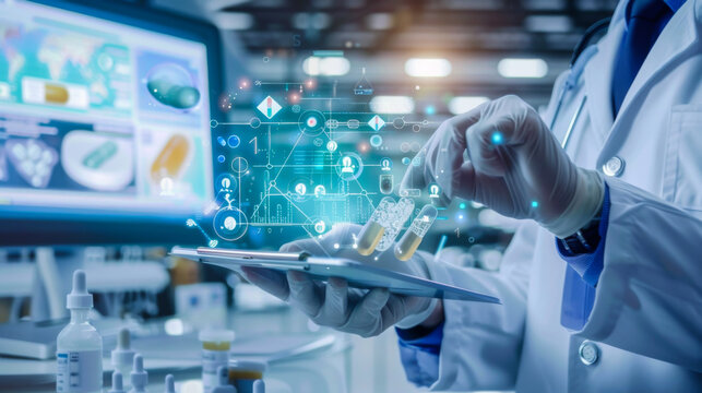 Close-up of modern equipment in a laboratory. Research is carried out using a digital microscope in the laboratory. Science and research concept. - Powered by Adobe