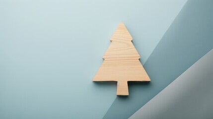 Minimal flat lay Christmas decoration with holiday wooden tree on gray and blue paper background