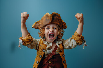 Photo of boy in Halloween pirate costume showing muscles and shouting in an indoors light blue background 