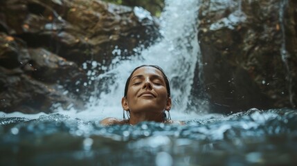 beautiful young woman bathing in a river