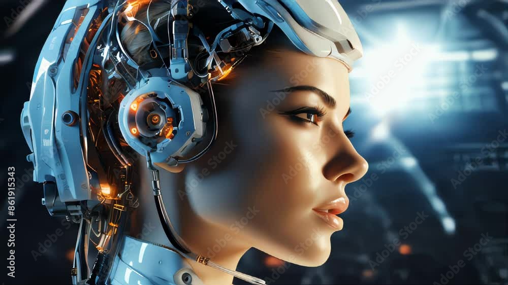 Poster connection of human woman and artificial intelligence robot. the concept of merging a person and a c