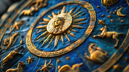 Fototapeta premium Astrological signs on ancient circle, old Medieval Zodiac wheel with constellations, planets and stars. Concept of astrology, symbol, horoscope, and time