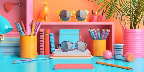 Colorful Summer Workspace with Sunglasses and Stationery
