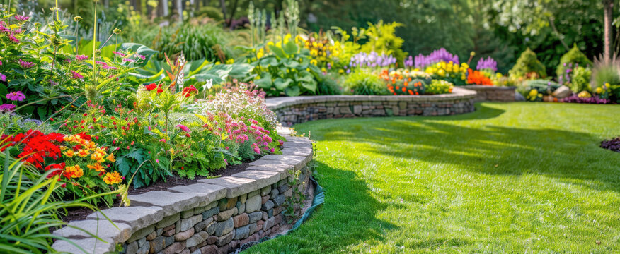 Terraced home garden and stone retaining walls, landscape design of luxury house back yard. Panoramic banner with beautiful backyard. Concept of landscaping, flower, nature