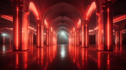 Obraz premium Glowing Red Arches in a Futuristic Underground Corridor with Reflective Flooring