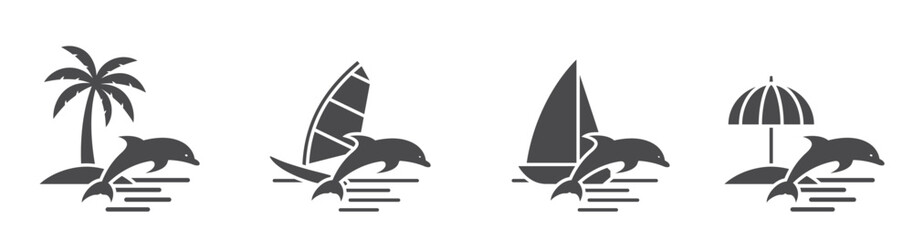sea and summer vacation flat icons. windsurfing, sailing yacht, palm tree, beach umbrella and dolphin. isolated vector images for tourism design