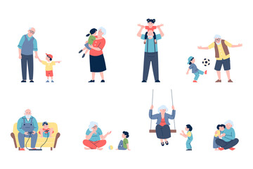 Grandparents characters. Grandfather and grandmother spend time with grandchildren. Family activities, hugs play with ball and video games, recent vector set