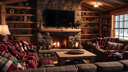 an image of a cozy winter cabin with a stone fireplace and plaid blankets.