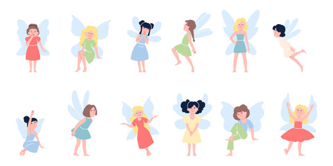 Cartoon fairies. Magic fairy lady characters. Tiny girls wearing costumes with wings, butterfly and dragonfly. Children carnival recent vector set