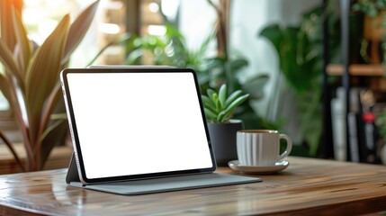 Fototapeta premium Blank white screen on tablet on desk in a business setting
