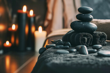 Spa stones and candles on table in spa salon, closeup