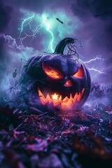 Spooky Halloween Pumpkin with Lightning and Bats