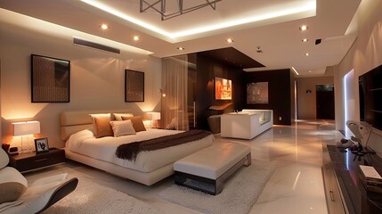 bedroom modern interior design, luxury hotel room, luxury apartment comfortable suite lounge