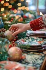 Fototapeta premium Festive Holiday Table Setting with Colorful Decorations and Ornaments